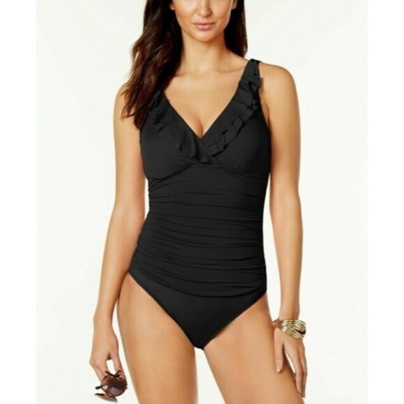NWT Ralph Lauren 14 Black Beach Ruffle Slimming 1PC Swimsuit 125998 - Picture 1 of 1